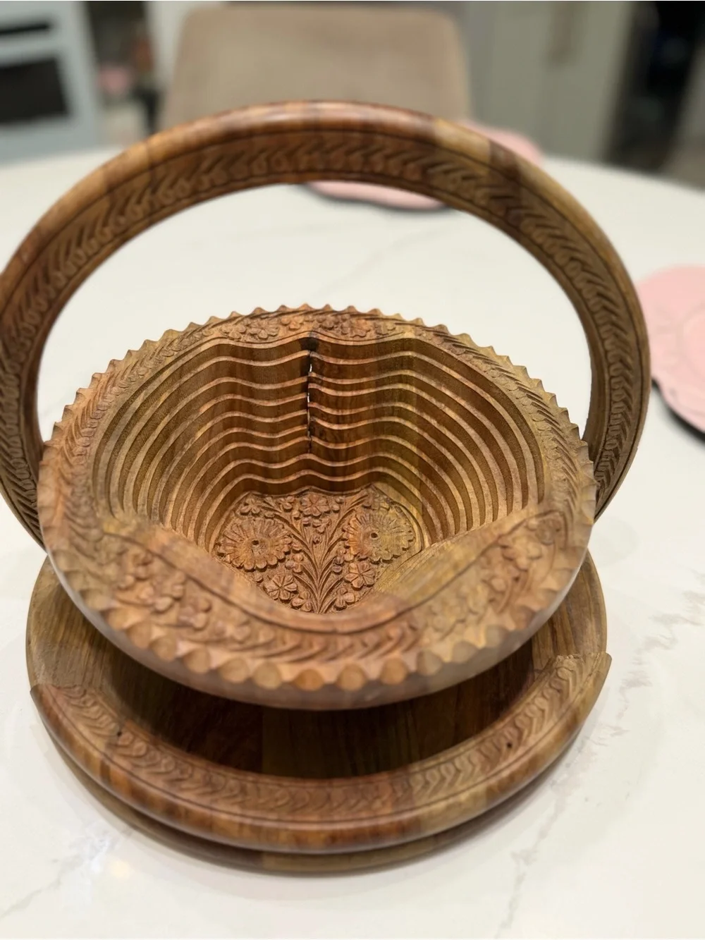 Hand-Carved Wooden 3D collapsible fruit basket